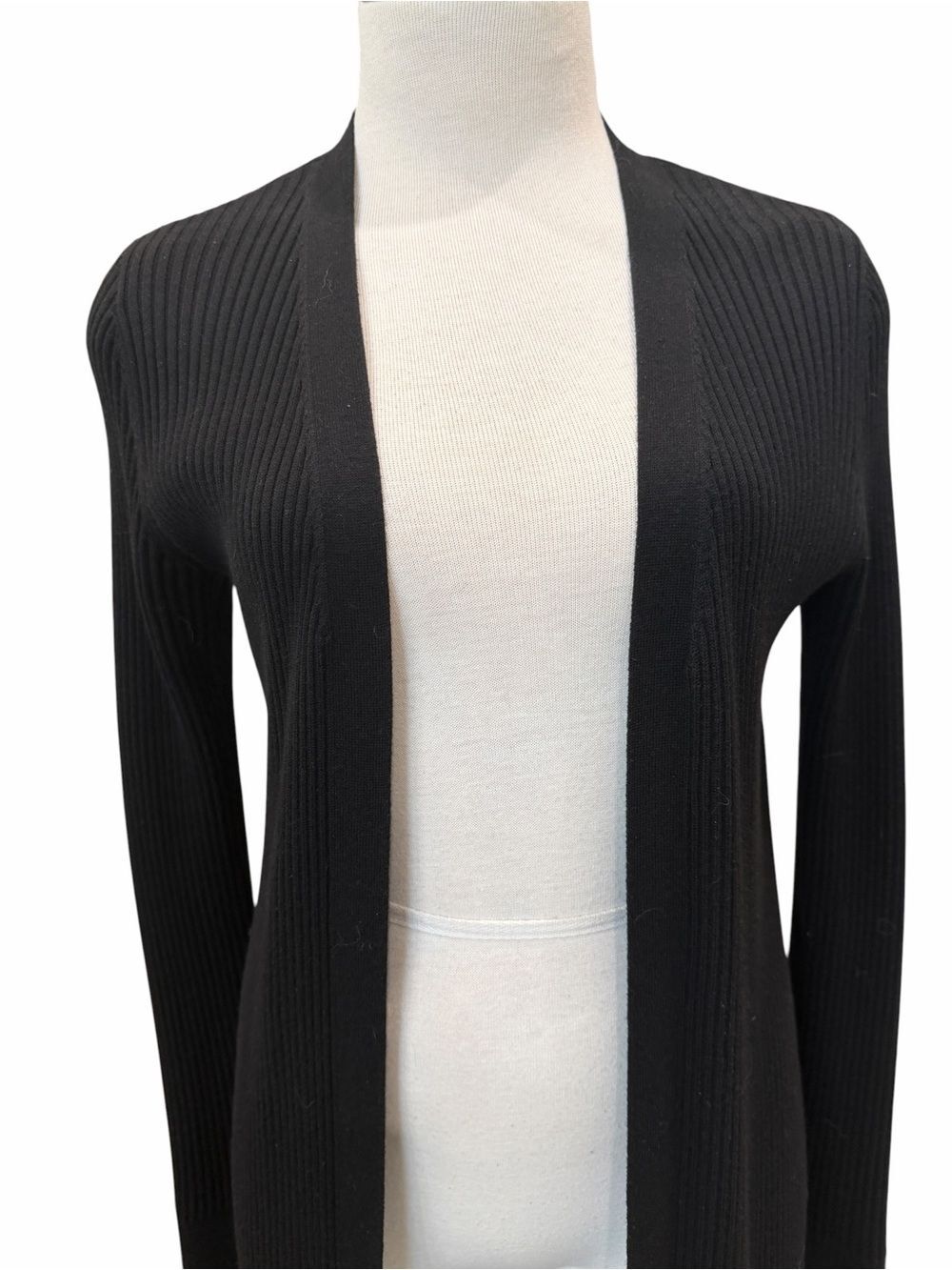 White House Black Market Ribbed Long Duster Cardigan WHBM Open Front Black M - Picture 8 of 12